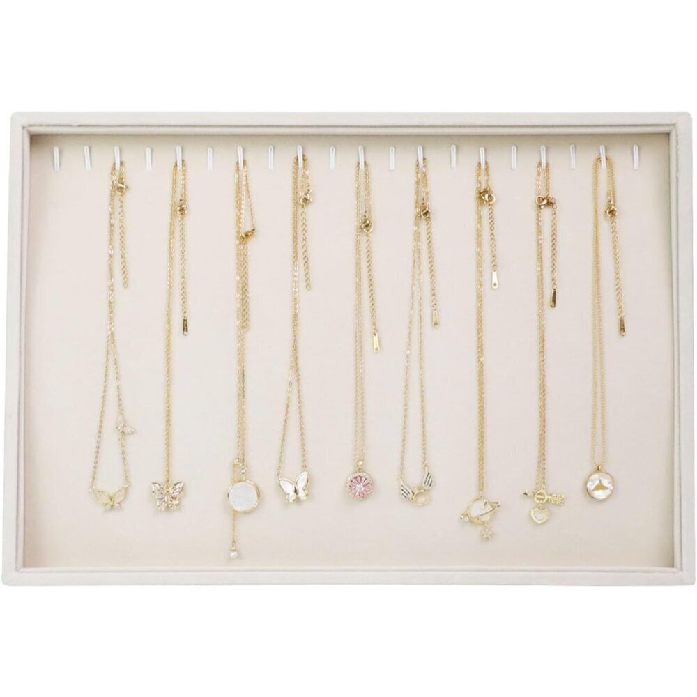 Jewelry Tray Necklace Organizer 20 Hooks Stackable Beige
